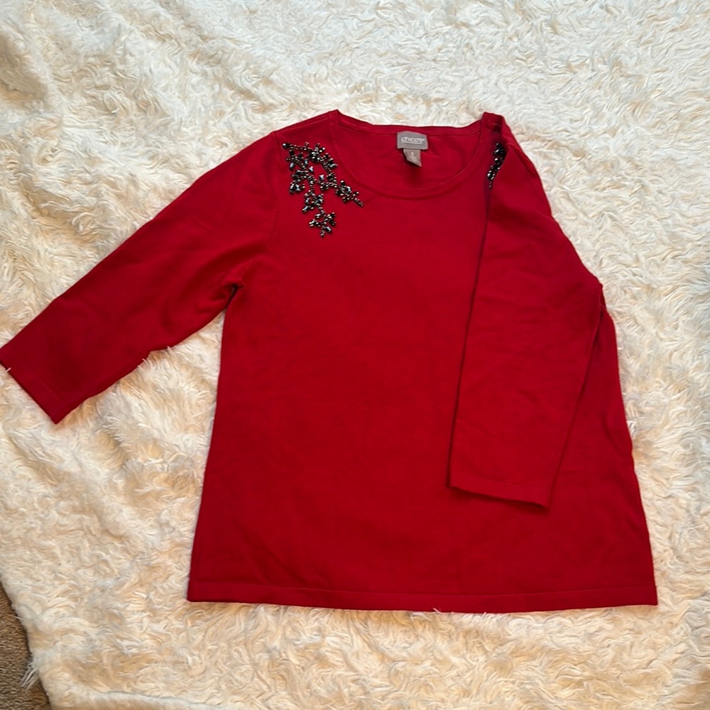 Chico's Red Long Sleeve Tees with Embellishments